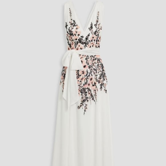 Badgley Mischka Women's White Embellished Printed Crepe De Chine Gown Size 2 - Picture 5 of 10